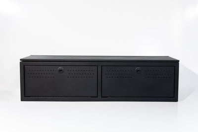 Matte black textured 22" wheel well cover with front drop-down doors and side swing door.
