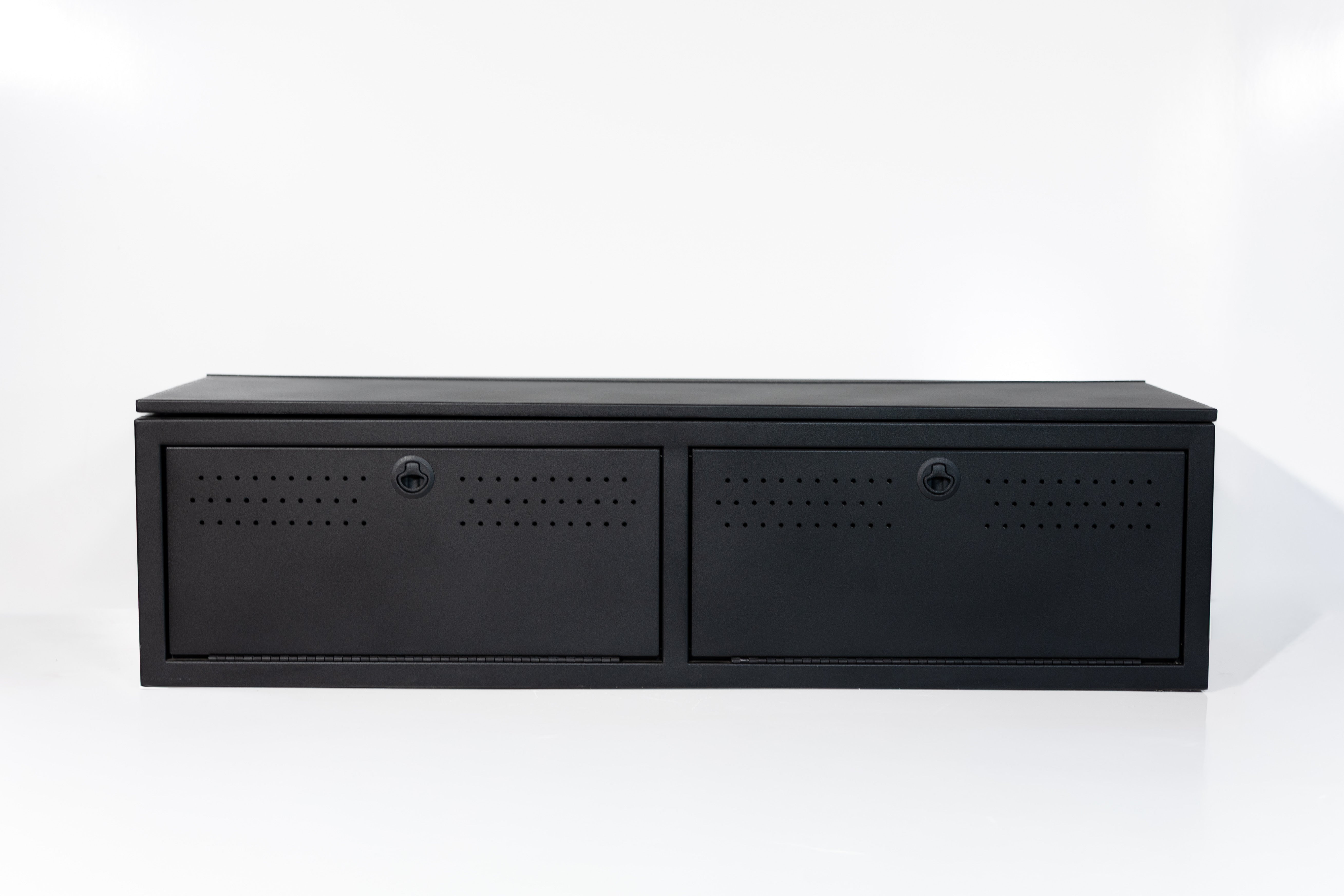 Matte black textured 22" wheel well cover with front drop-down doors and side swing door.

