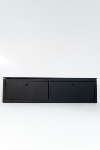Matte black textured 22" wheel well cover with front drop-down doors and side swing door.

