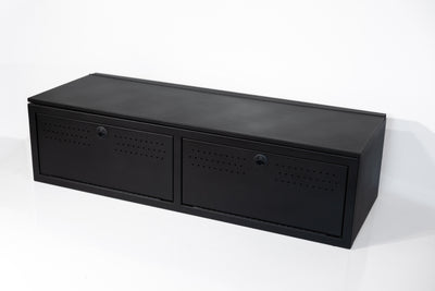 Matte black textured 22" wheel well cover with front drop-down doors and side swing door.
