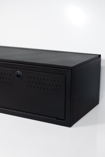 Matte black textured 22" wheel well cover with front drop-down doors and side swing door.

