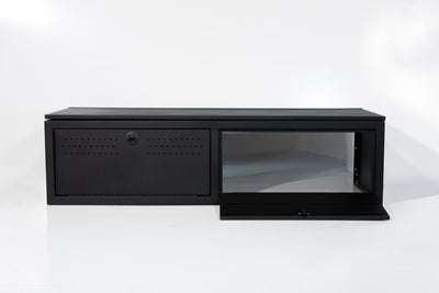 Matte black textured 22" wheel well cover with front drop-down doors and side swing door.
