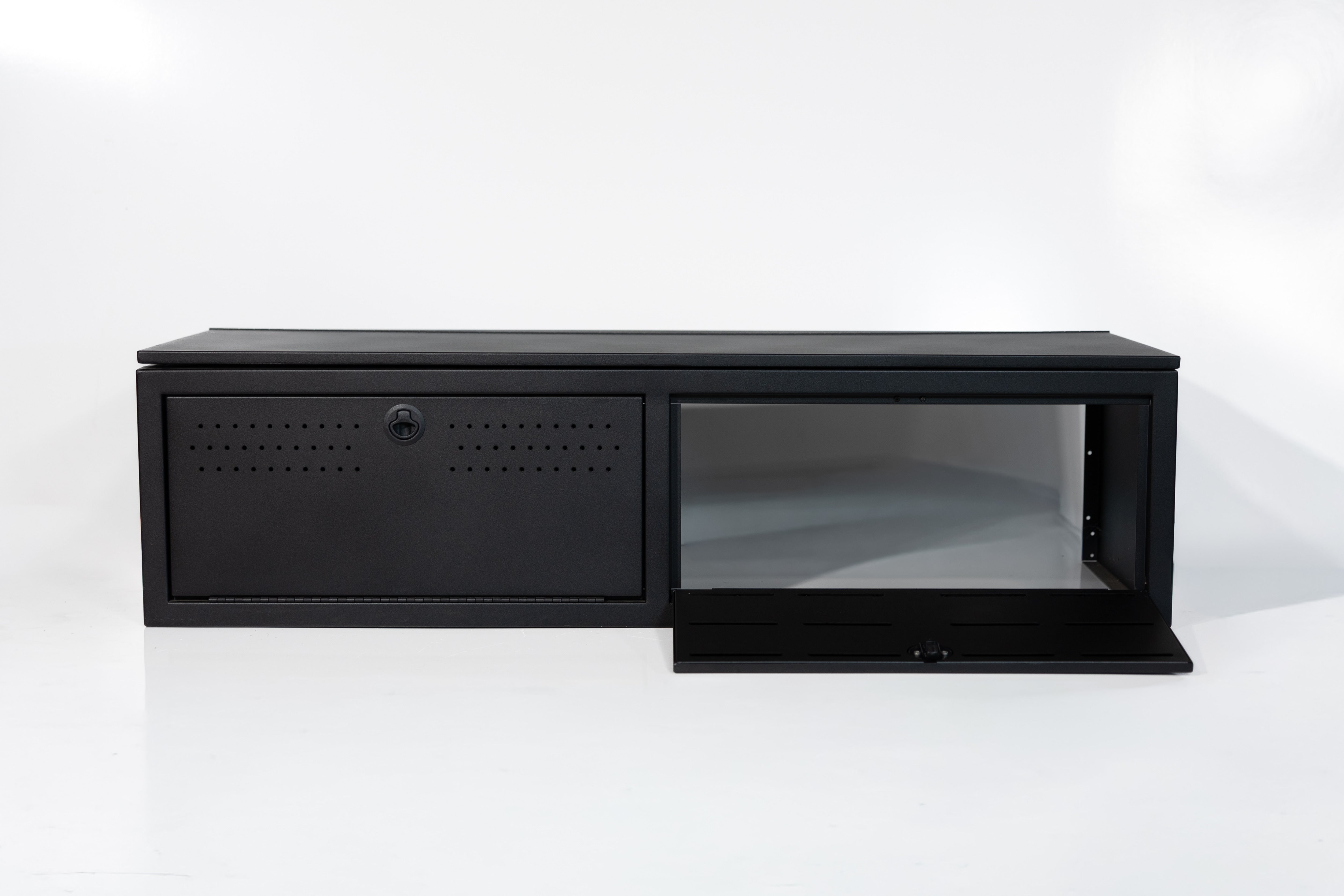 Matte black textured 22" wheel well cover with front drop-down doors and side swing door.
