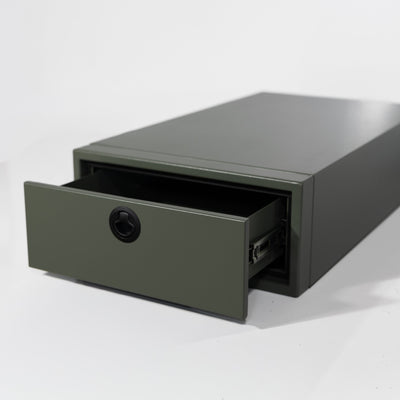 Open-drawer view of the Winnebago Ekko nightstand by Van Wife Components in Matte Green