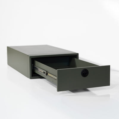 Open-drawer view of the Winnebago Ekko nightstand by Van Wife Components in Matte Green