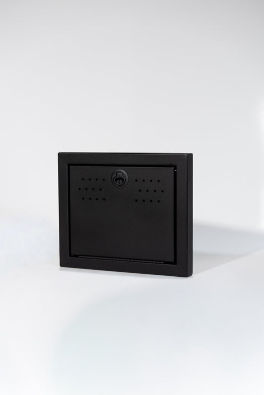 Black Powder-coated aluminum 18-inch face extension with flip-down door for Van Wife Components wheel well covers.

